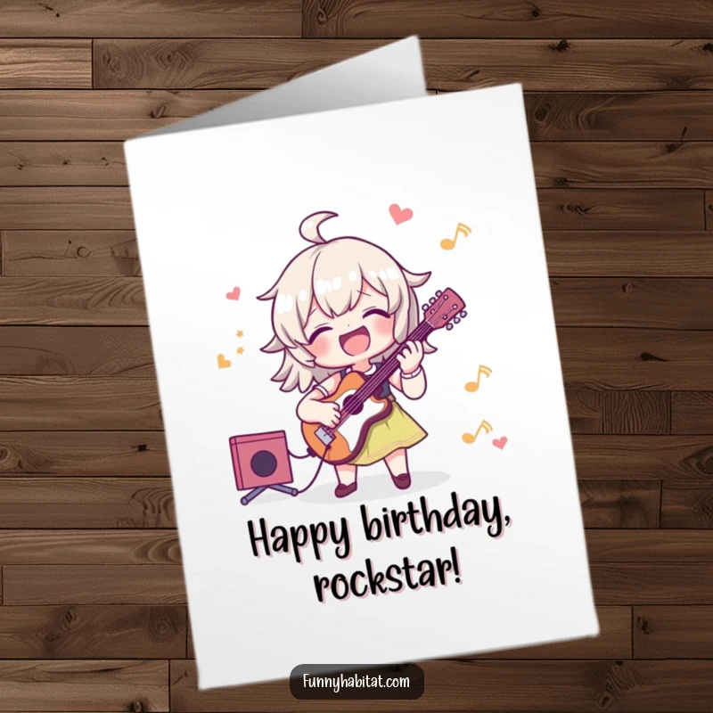 Funny free printable birthday card with a character joyfully playing a musical instrument, celebrating with a happy melody.