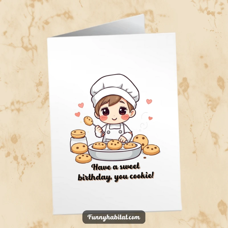 Funny Free Printable Birthday Card featuring a cheerful character happily baking cookies, filling the air with sweet scents.