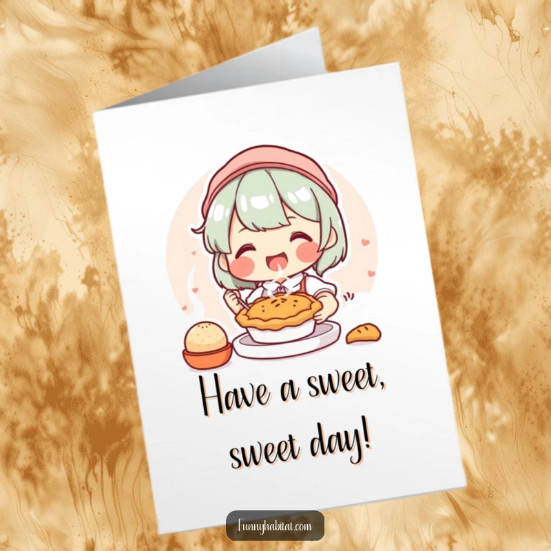 Funny Free Printable Birthday Card: A character joyfully presenting a freshly baked, steaming pie, symbolizing celebration and warmth.