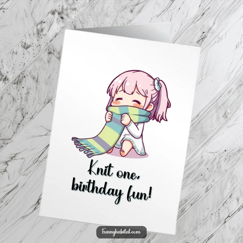 Funny free printable birthday card of a character blissfully knitting a very long, colorful scarf.
