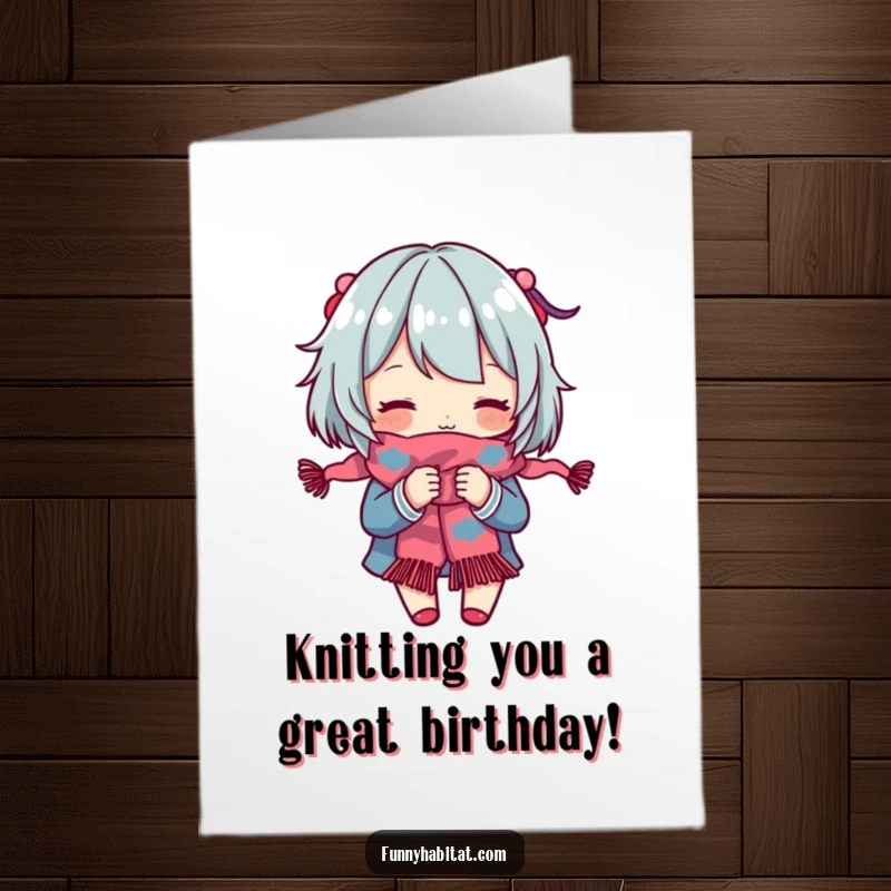 Funny Free Printable Birthday Card: A character is engrossed in knitting a long, colorful scarf with a smile.