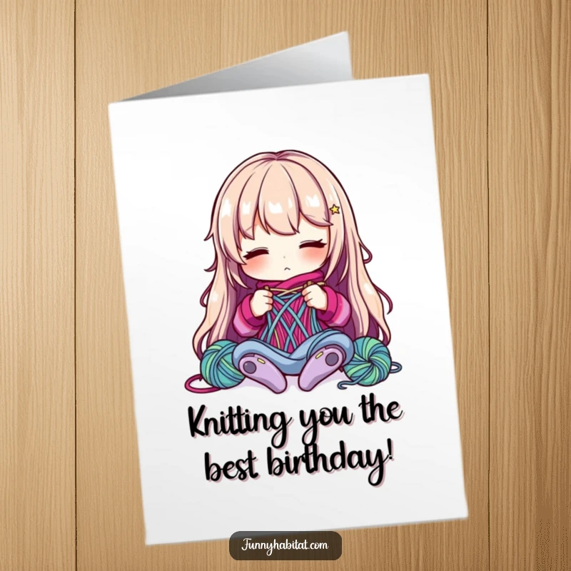 Funny free printable birthday card: A character intently knits with colorful yarn, creating a warm and happy birthday message.