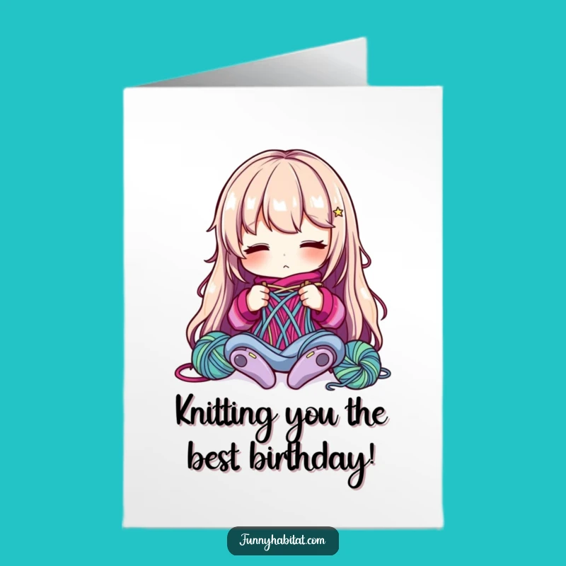 Free Printable Birthday Card: Knitter Character - Cozy Downloadable Gift