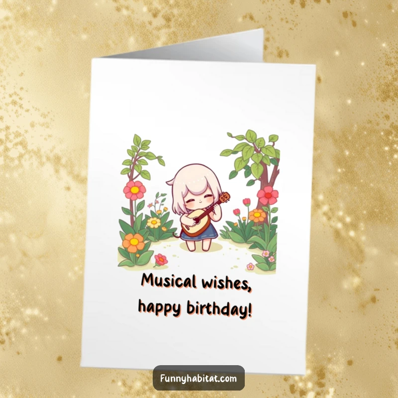Funny Free Printable Birthday Card: A character happily playing a small lute in a blooming garden, downloadable gift.