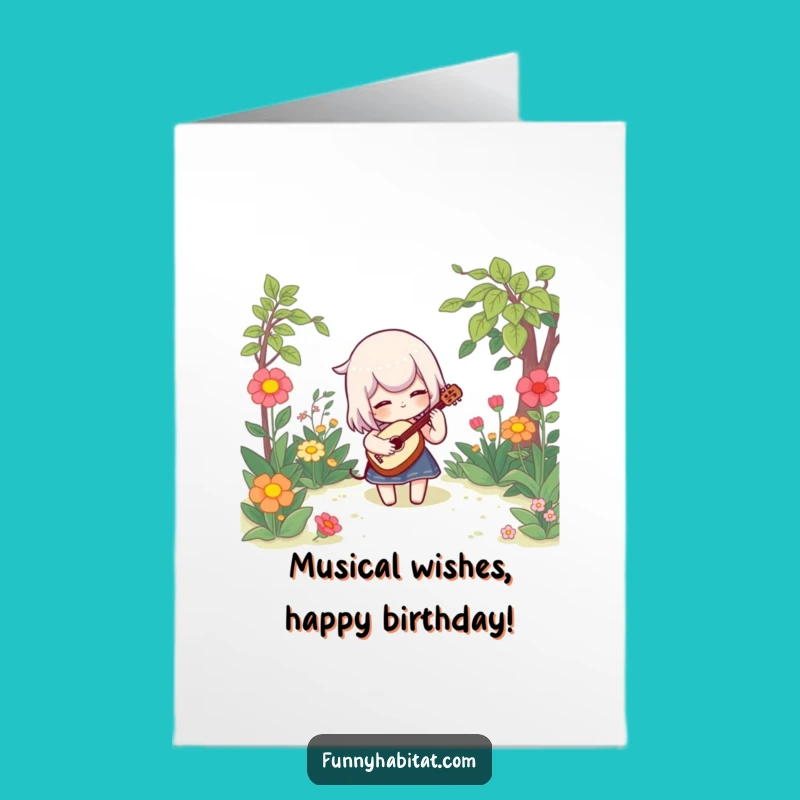 Free Printable Birthday Card: Whimsical Musician Character, Joyful Garden Tune, Funny Download
