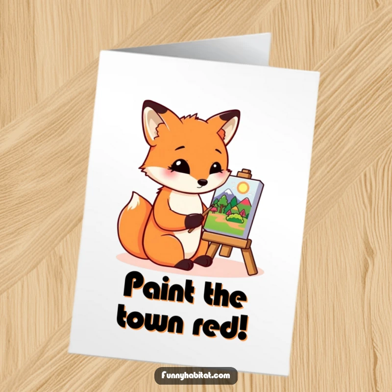 Funny Free Printable Birthday Card: A focused fox diligently paints a vibrant landscape on a tiny canvas, celebrating with artistic flair.
