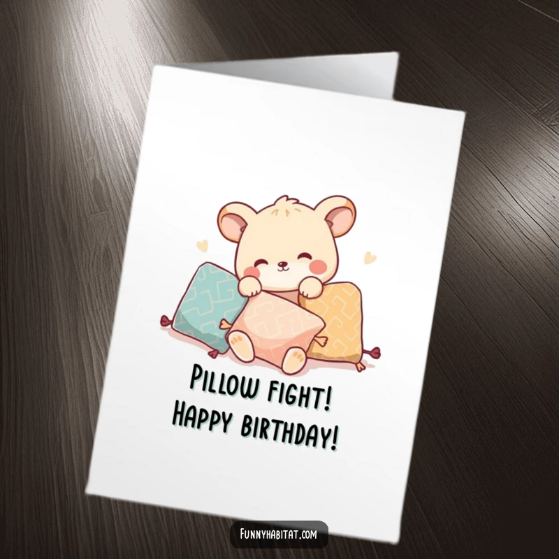 Funny Free Printable Birthday Card: Animal character playfully rearranging decorative pillows, creating cozy chaos.