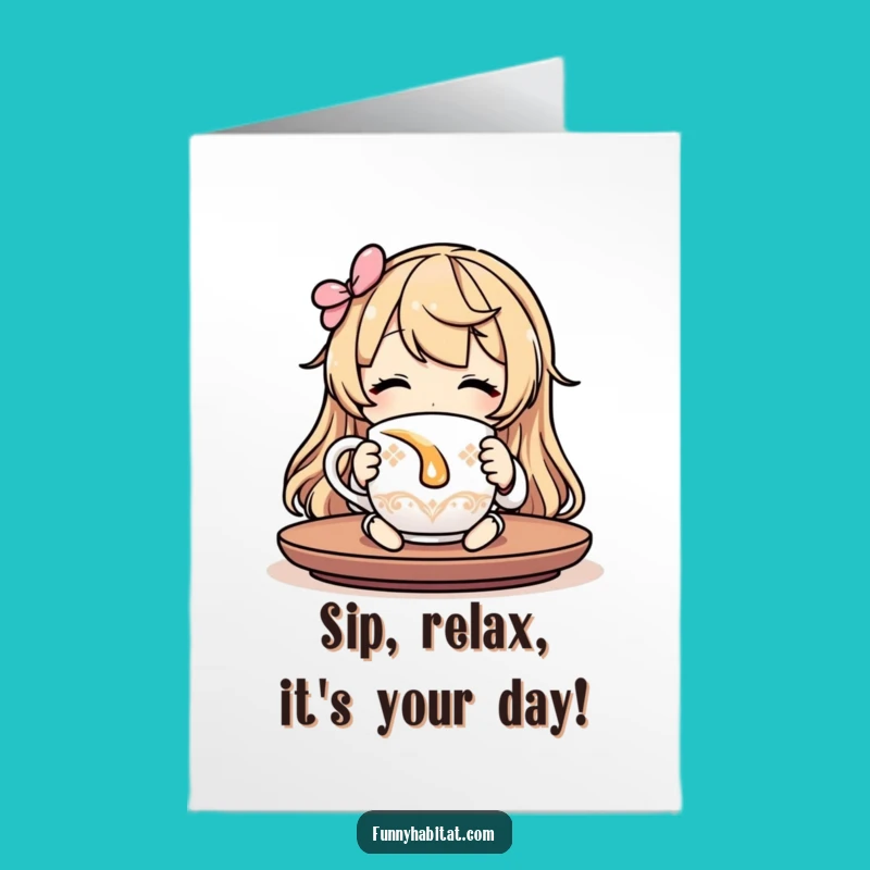 Free Printable Birthday Card: Funny Relaxed Character Sipping Tea for a Calm Celebration