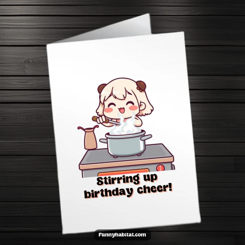 Funny Free Printable Birthday Card: A happy character cooking at a stove, steam rising from a pot, celebrating good times.