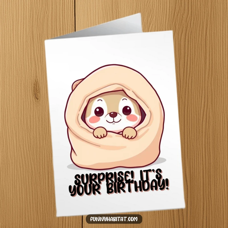 Funny free printable birthday card with a playful animal peeking from a cozy blanket, ready to surprise with birthday cheer.