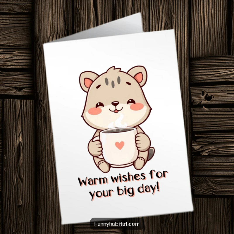 Funny free printable birthday card with a cheerful animal smiling and holding a steaming mug, offering warm, humorous wishes.