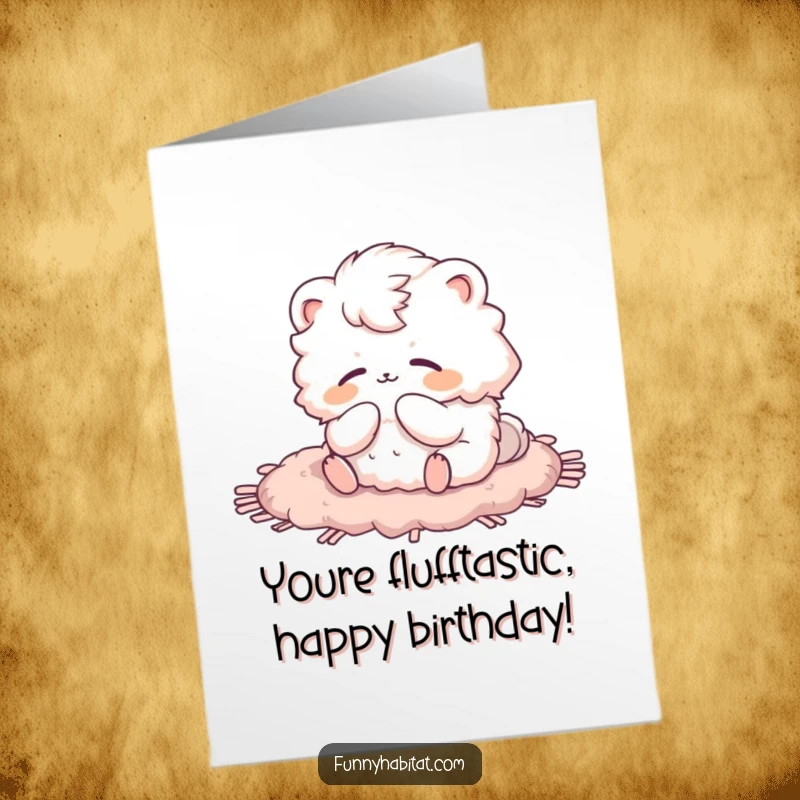 Funny Free Printable Birthday Card: Fluffy animal character blissfully grooming itself on a soft rug, radiating contentment.