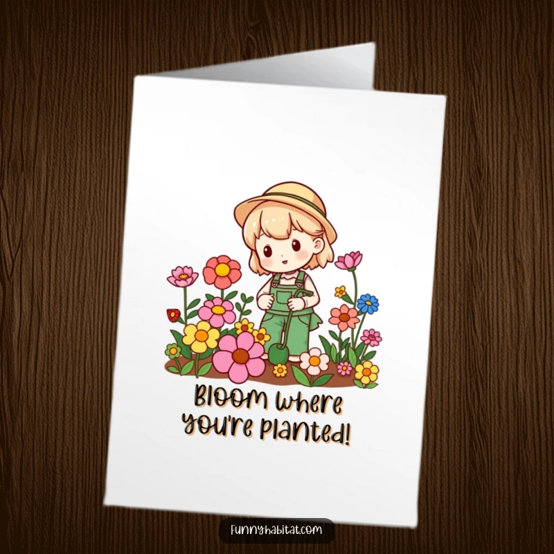 Funny Free Printable Congratulations Card: A happy gardener celebrates a successful harvest among colorful, flourishing blooms.