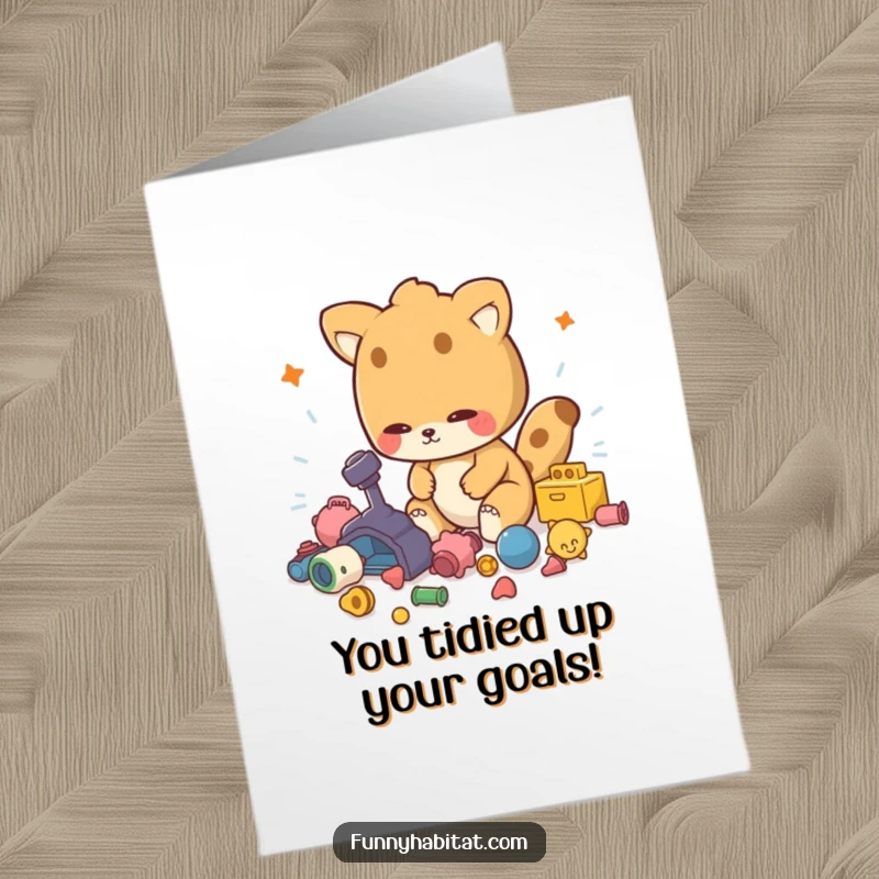 Funny Free Printable Congratulations Card: Animal character energetically tidying up scattered toys, symbolizing order and success.