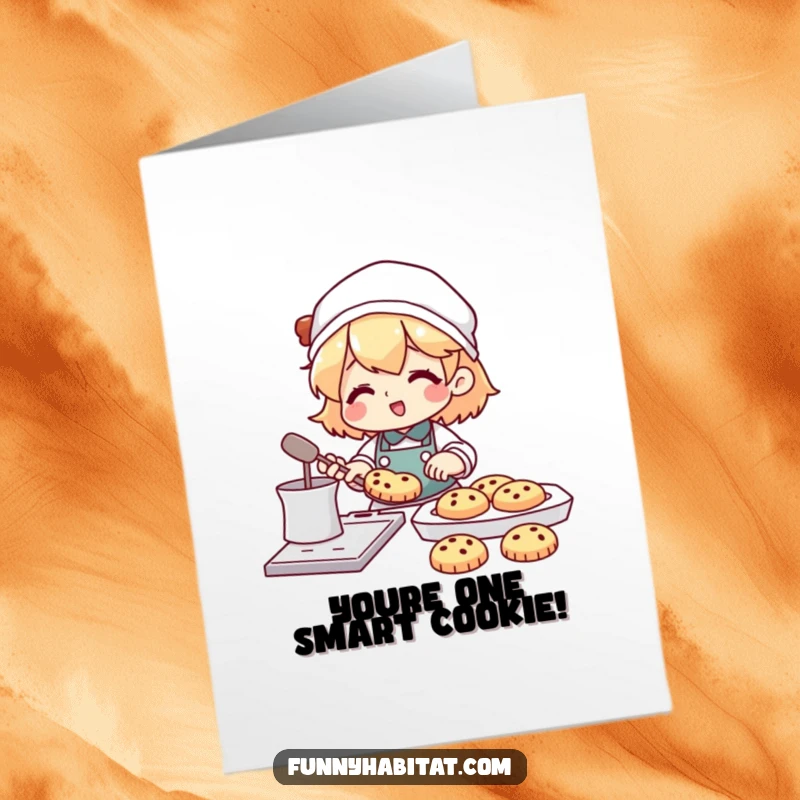 Funny free printable congratulations card of a happy character baking cookies with a full tray of treats.