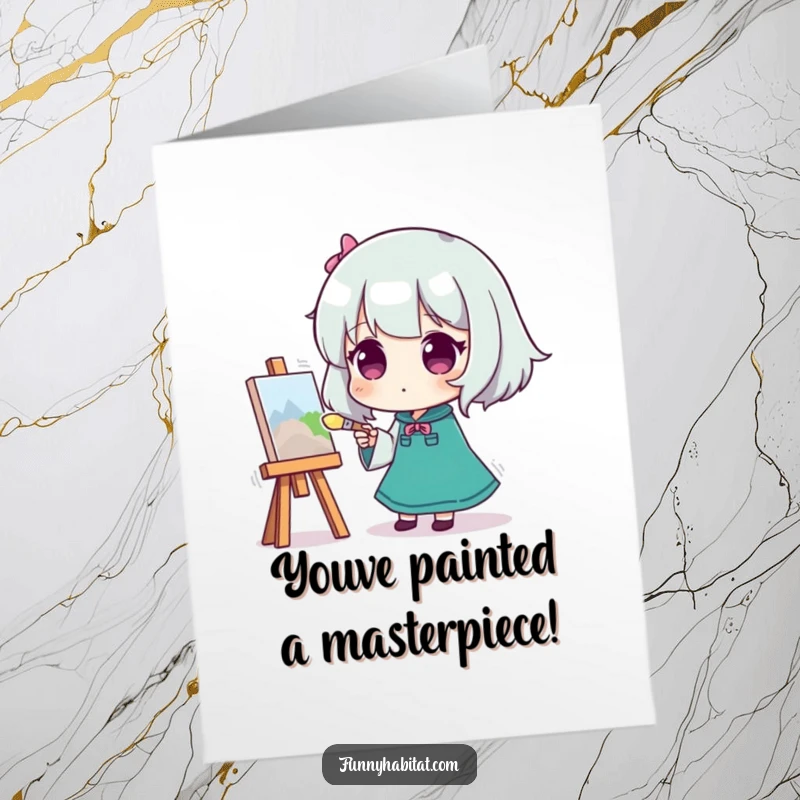 Free Printable Congratulations Card: Character focused on painting a small canvas, signifying accomplishment and artistic skill.