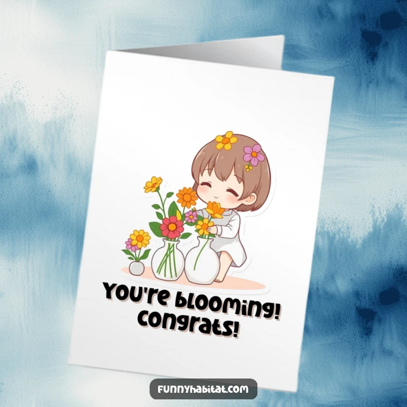 Funny Free Printable Congratulations Card: A character presents a vase overflowing with flowers, celebrating a spectacular achievement.