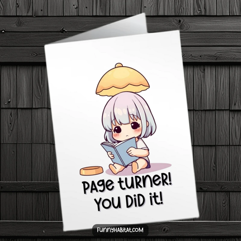 Funny free printable congratulations card with a character relaxing with a book under a lamp, celebrating achievements humorously.