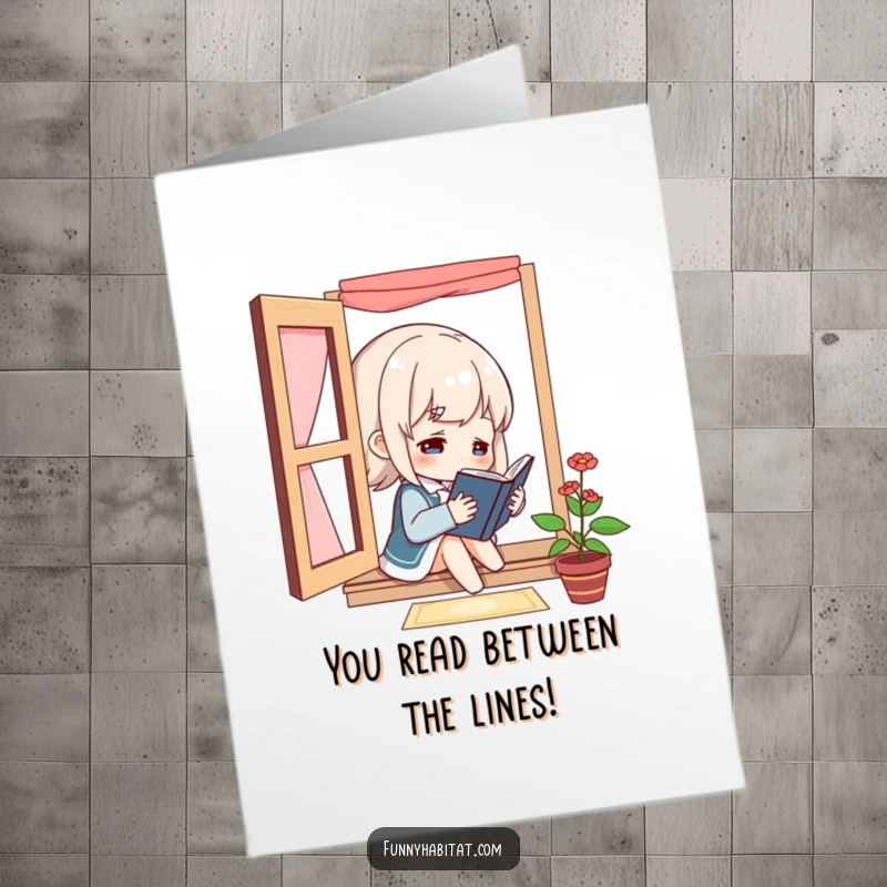 Free printable congratulations card showing a character engrossed in reading by a window, celebrating quiet success.