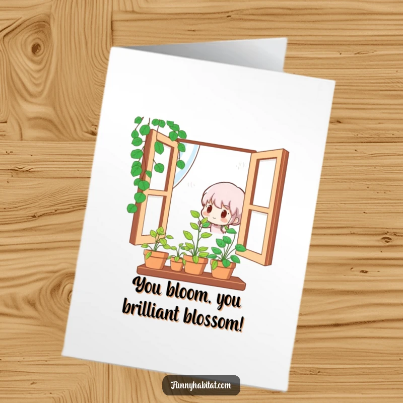 Funny Free Printable Congratulations Card: Cute character lovingly tending to a small plant, celebrating new beginnings.