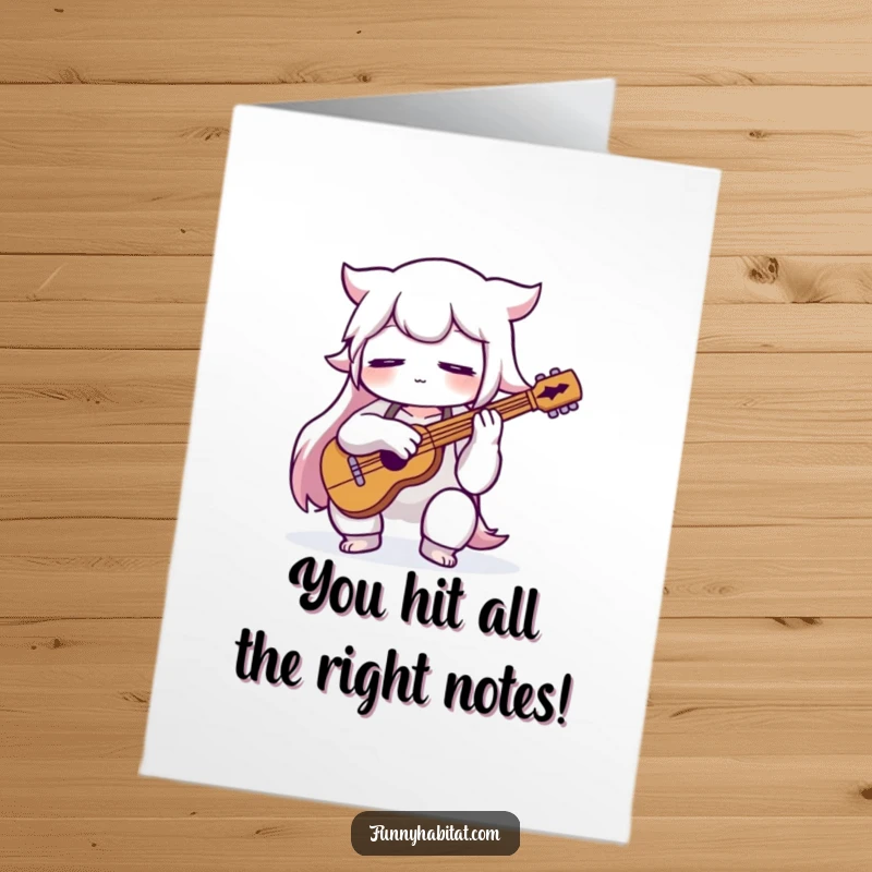 Funny Free Printable Congratulations Card showing a musician character playing an instrument with eyes closed, lost in harmonious concentration.