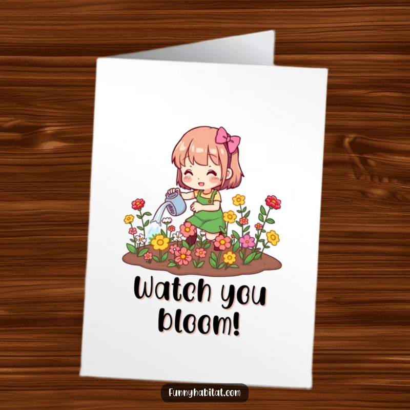Funny free printable congratulations card: A gardener character watering blooming flowers, celebrating growth.