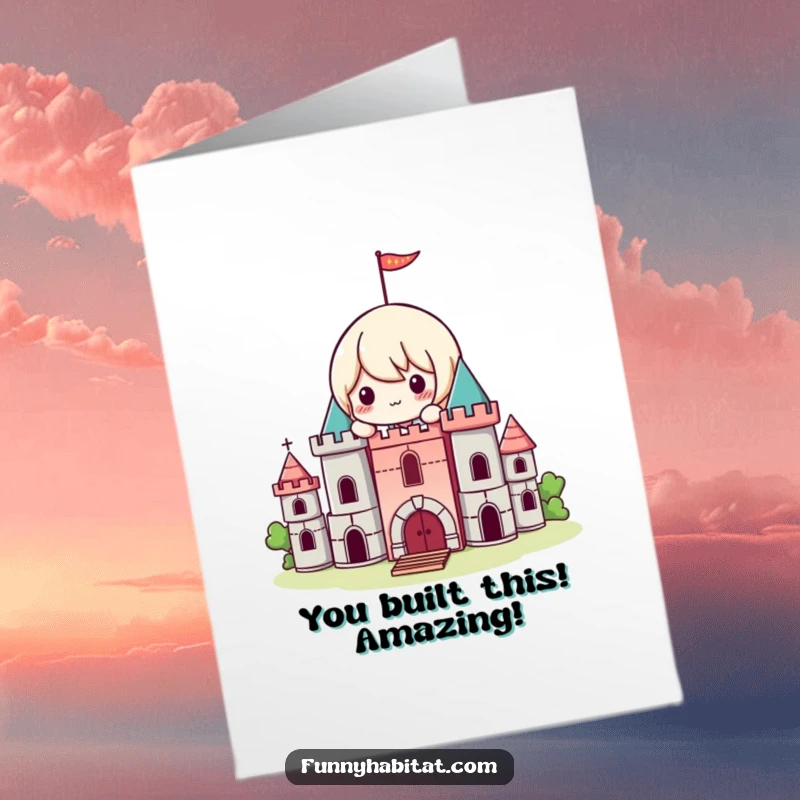 Funny Free Printable Congratulations Card featuring a playful Kawaii character focused on building a small, impressive castle with toy blocks.