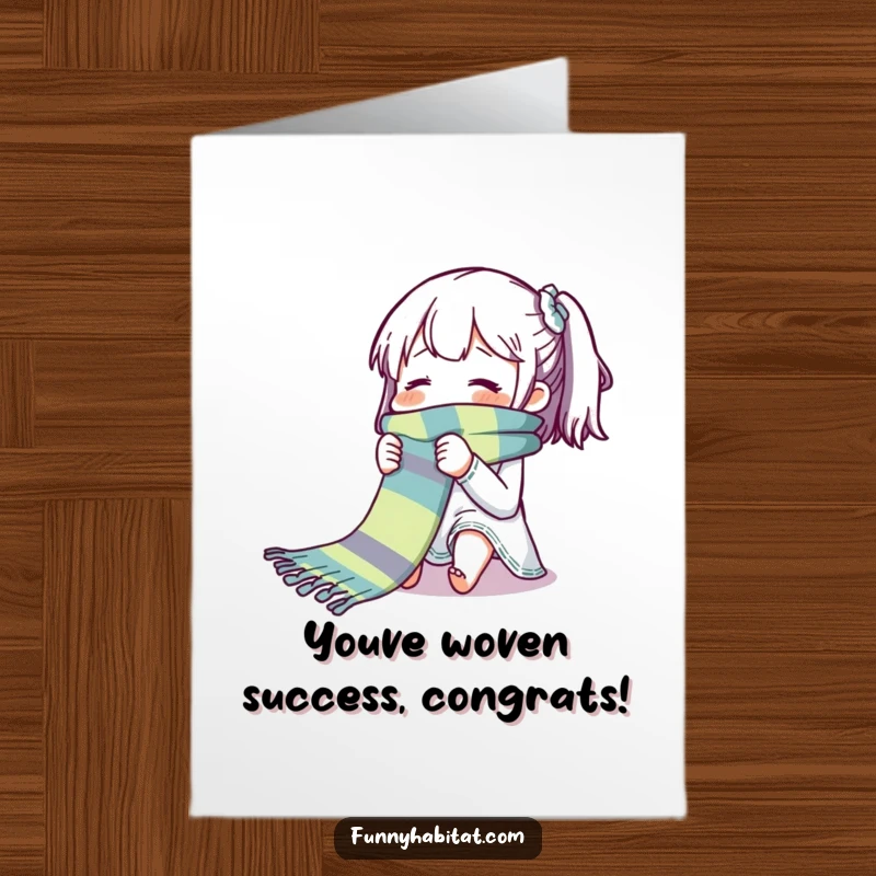 Funny Free Printable Congrats Card: Character knitting a long, colorful scarf, symbolizing a completed project.