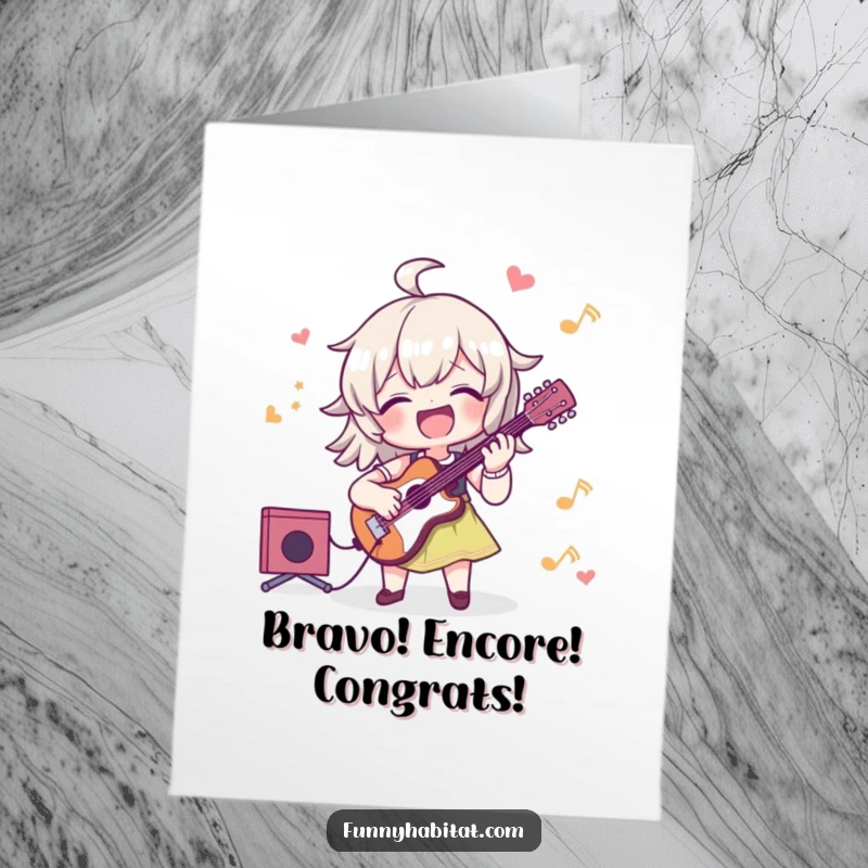 Funny free printable congratulations card featuring a character playing a musical instrument with pure joy and excitement.