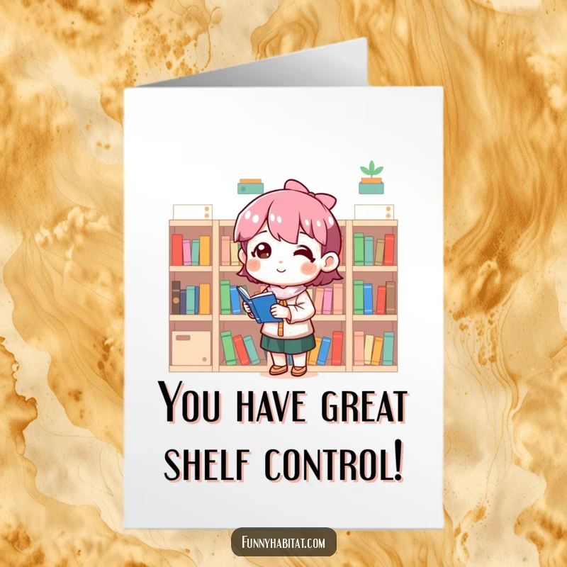 Funny Free Printable Congrats Card: Character smiling while neatly organizing miniature bookshelves.