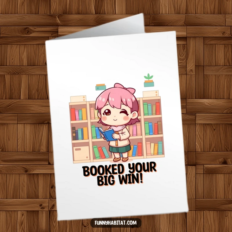 Funny Free Printable Congrats Card: A character beams with pride while organizing miniature bookshelves, a neat achievement.