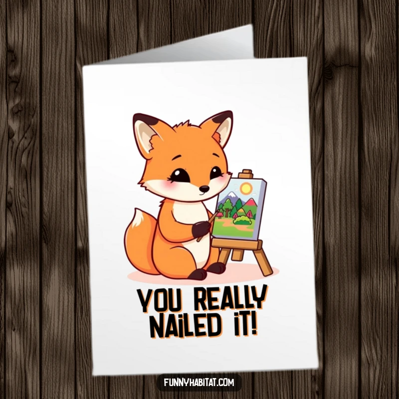 Funny Free Printable Congratulations Card: A skilled fox paints a colorful landscape, celebrating a well-deserved success with artistic flair.