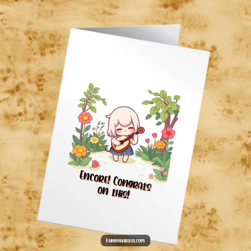 Funny Free Printable Congrats Card: A character playing a tiny banjo amidst flowers, a triumphant garden melody.
