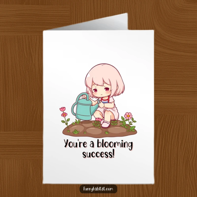 Free Printable Congratulations Card: A cheerful character watering a tiny garden, symbolizing growth and success.