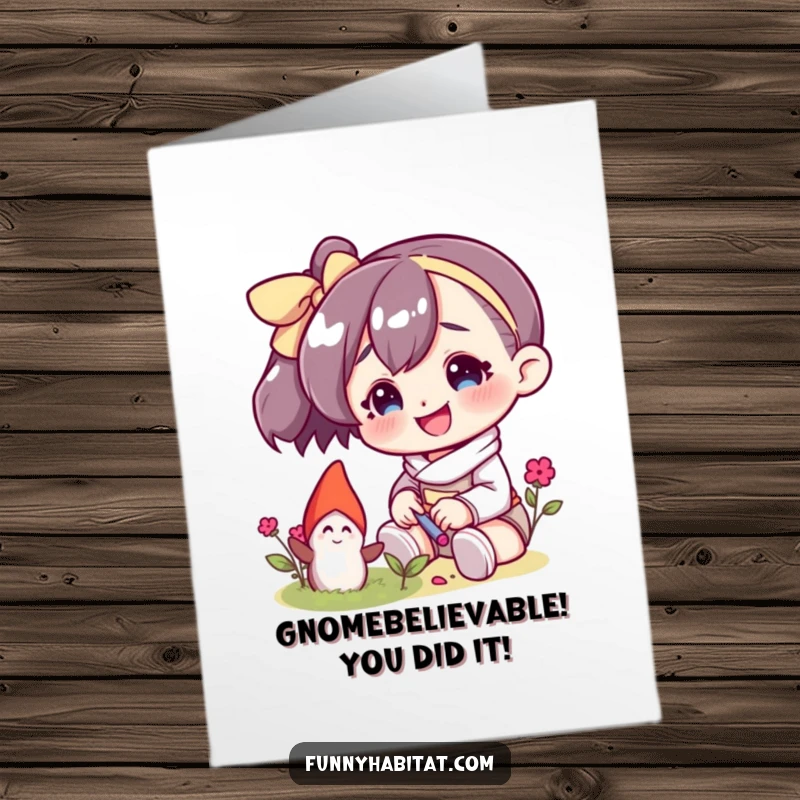 Funny Free Printable Congratulations Card: Character tends a small garden gnome, a cute downloadable art for success.