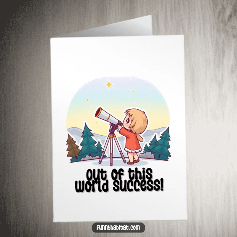 Funny Free Printable Congratulations Card: A character looks through a telescope, spotting a bright star labeled 'Winner!' with delight.