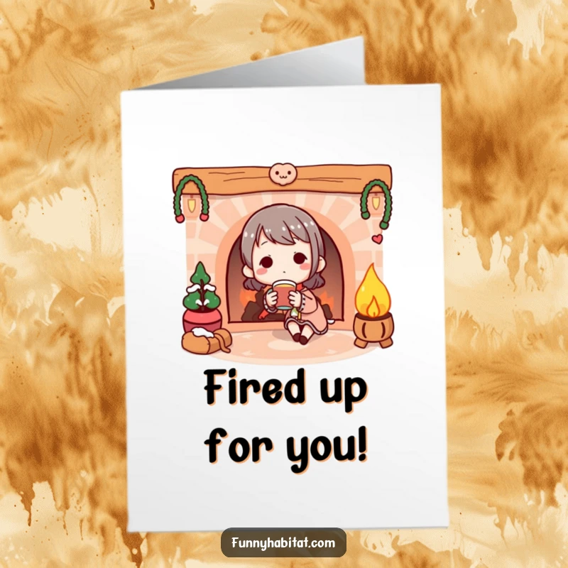 Funny free printable congratulations card with a character enjoying a warm beverage near a fireplace, acknowledging a job well done.