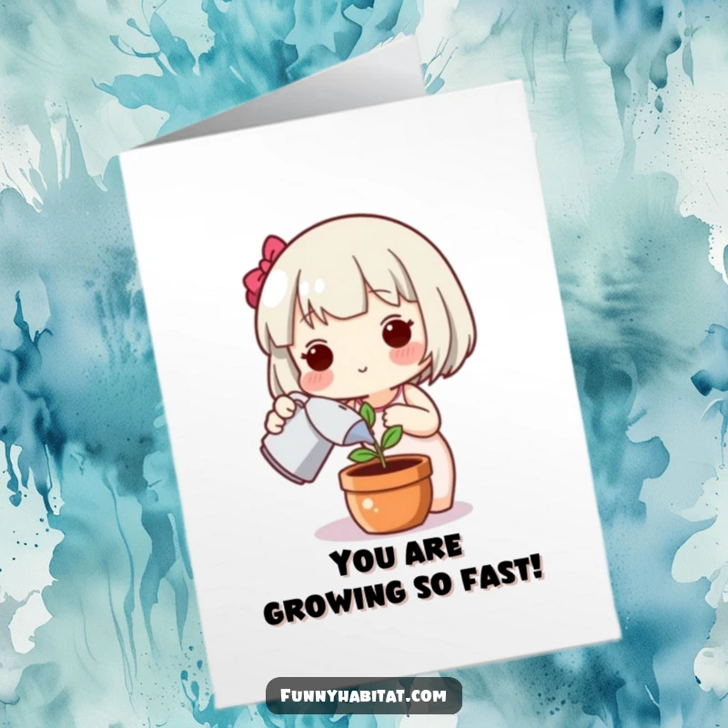 Funny Free Printable Congratulations Card featuring a cute character joyfully tending to a small potted plant in celebration.