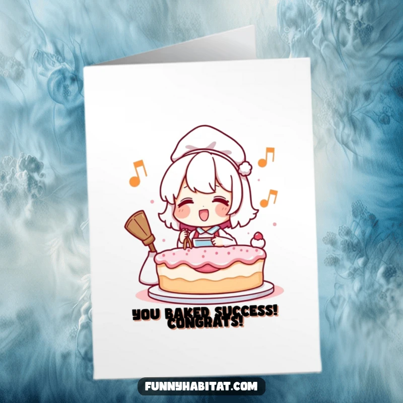 Funny free printable congratulations card with a character happily baking a cake, celebrating success with a cheerful vibe.