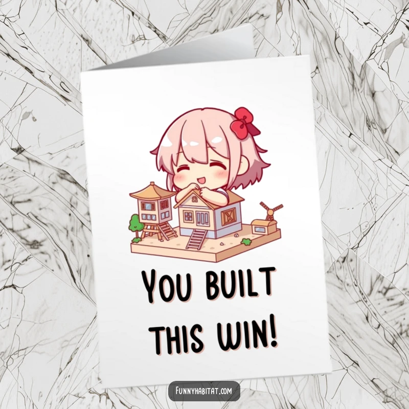 Funny Free Printable Congratulations Card: A character proudly presents a completed intricate model, showcasing their building skills.