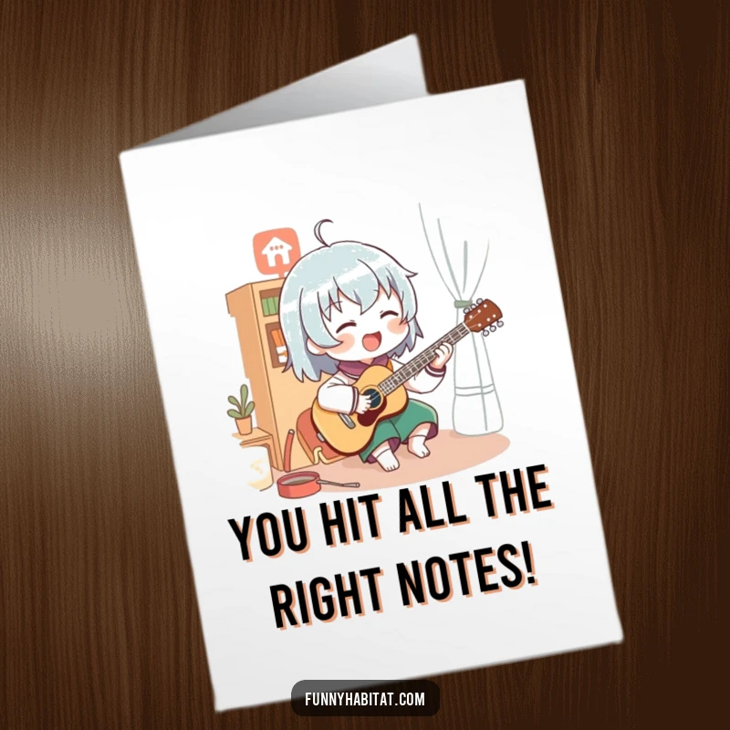 Funny Free Printable Congrats Card: Character playing music with gusto, celebrating an achievement.
