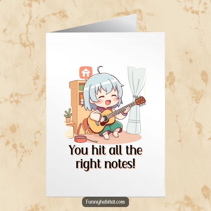 Funny free printable congratulations card of a character enthusiastically playing a musical instrument in a cozy setting.
