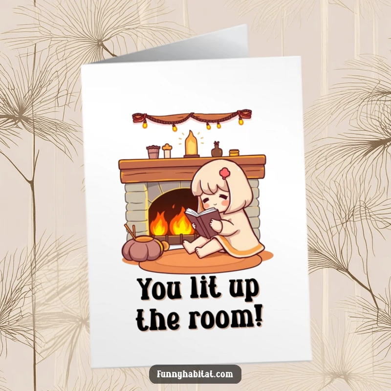 Funny Free Printable Congratulations Card: Cozy character reading by a fireplace, celebrating peaceful success and relaxation.