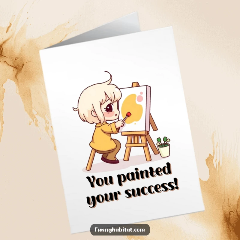 Funny free printable congratulations card: A happy artist character celebrates success by painting with vibrant colors and a cheerful expression.