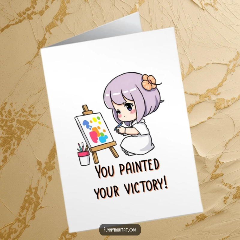 Funny Free Printable Congrats Card: A character proudly displaying a colorful artwork, signifying accomplishment and artistic success.