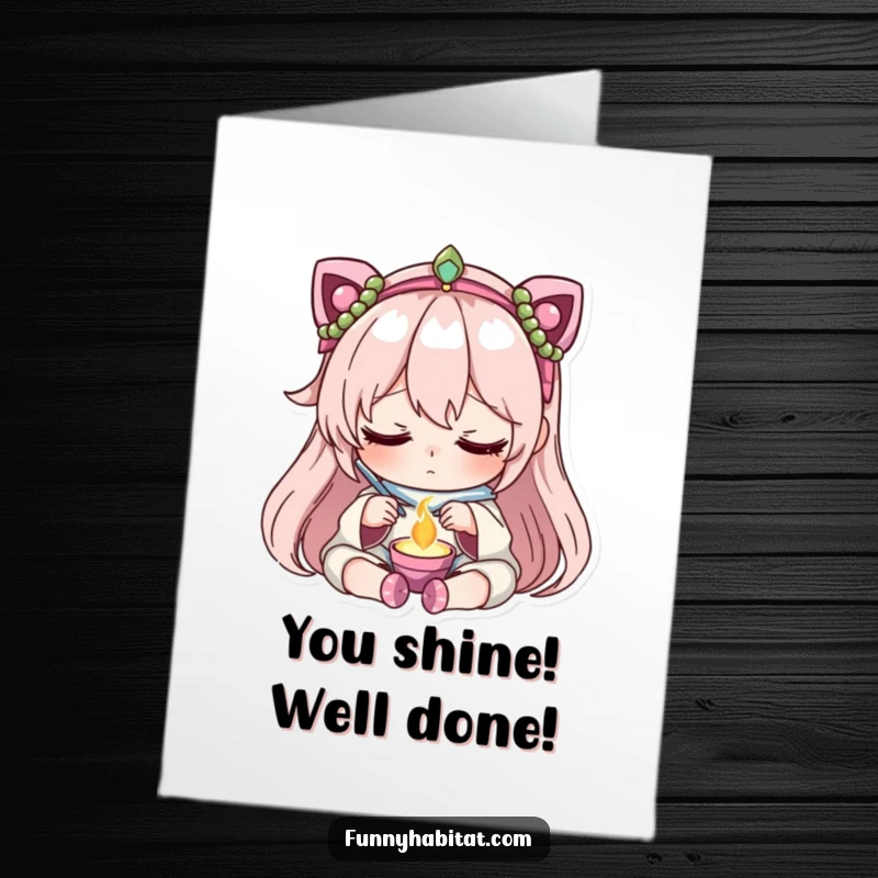 Funny free printable congratulations card: Character peacefully focused on creating beautiful jewelry, symbolizing meticulous effort.