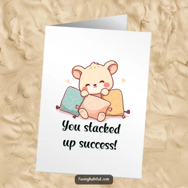Funny Free Printable Congratulations Card: Animal character playfully rearranging decorative pillows, creating a comfortable atmosphere.