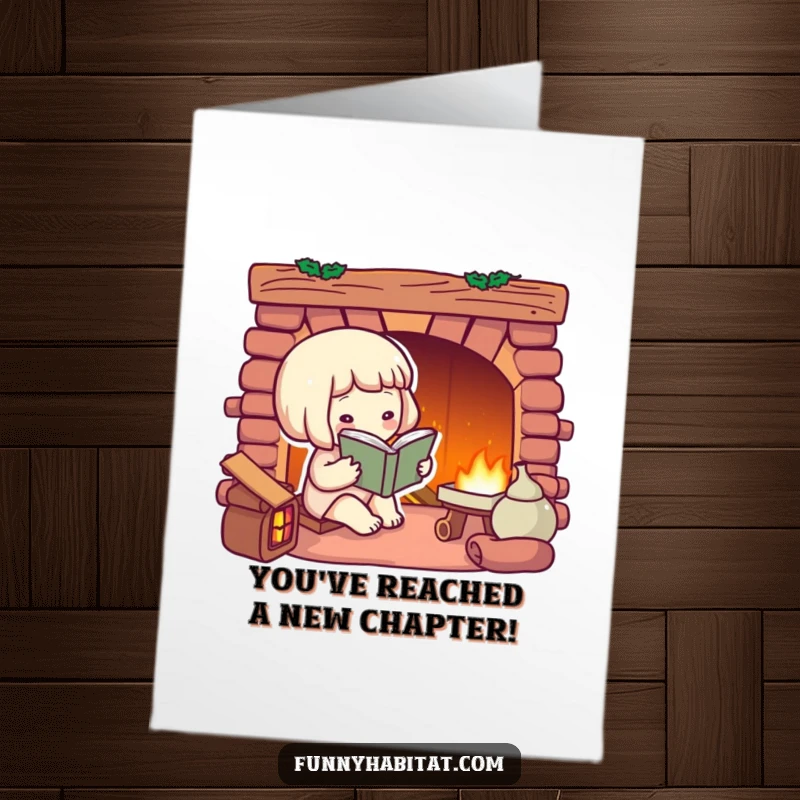 Funny Free Printable Congratulations Card: A character reads a book by a warm, inviting fireplace. Downloadable peace!