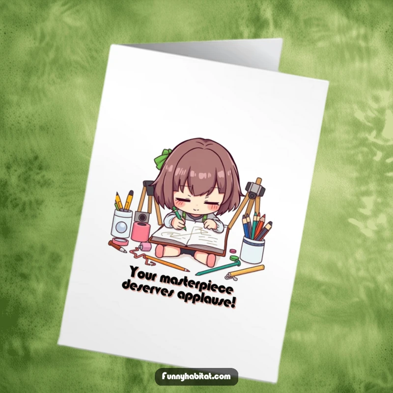 Funny Free Printable Congratulations Card showing an artist character intently sketching, capturing life's big moments with humor.