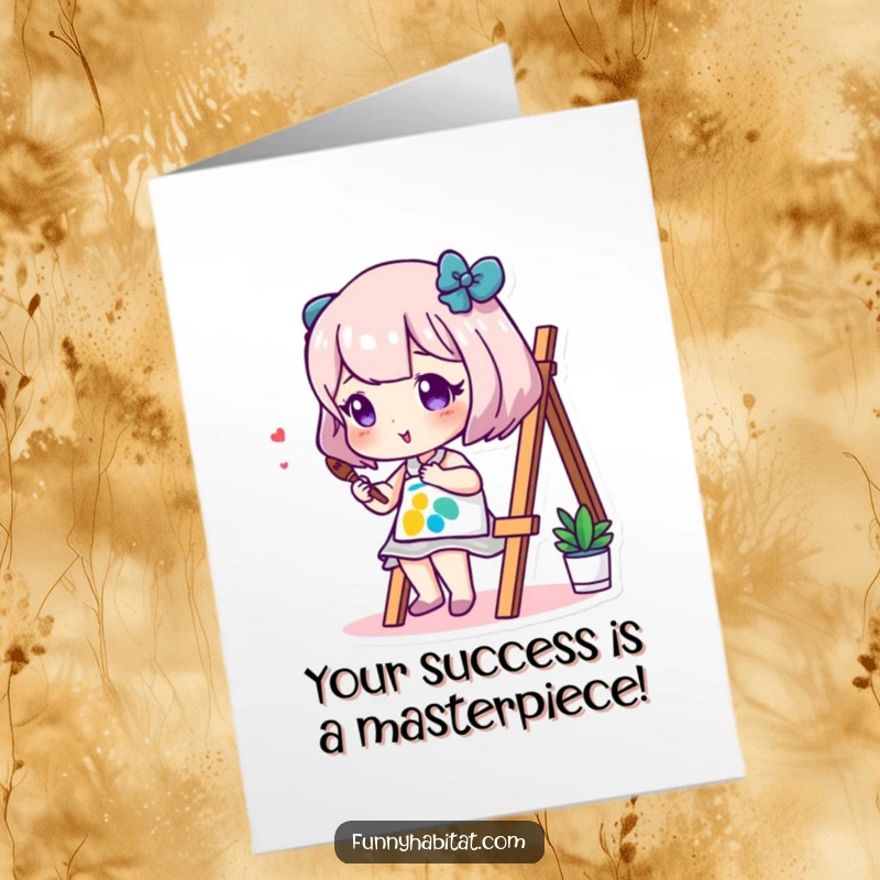 Funny Free Printable Congratulations Card showing an artist character celebrating a new achievement with paint splatters.